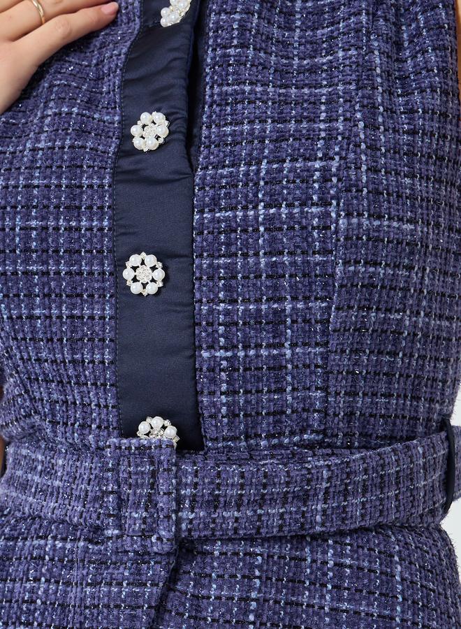 Styli Women Belted Tweed Look Midi Dress - Image 4